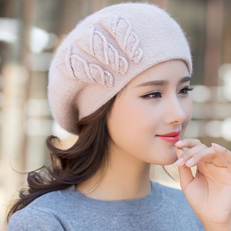Осенне-зимняя шерстяная шапка, женская кепка, корейская элегантная модная теплая двухслойная тканая берет из кроличьей шерсти
