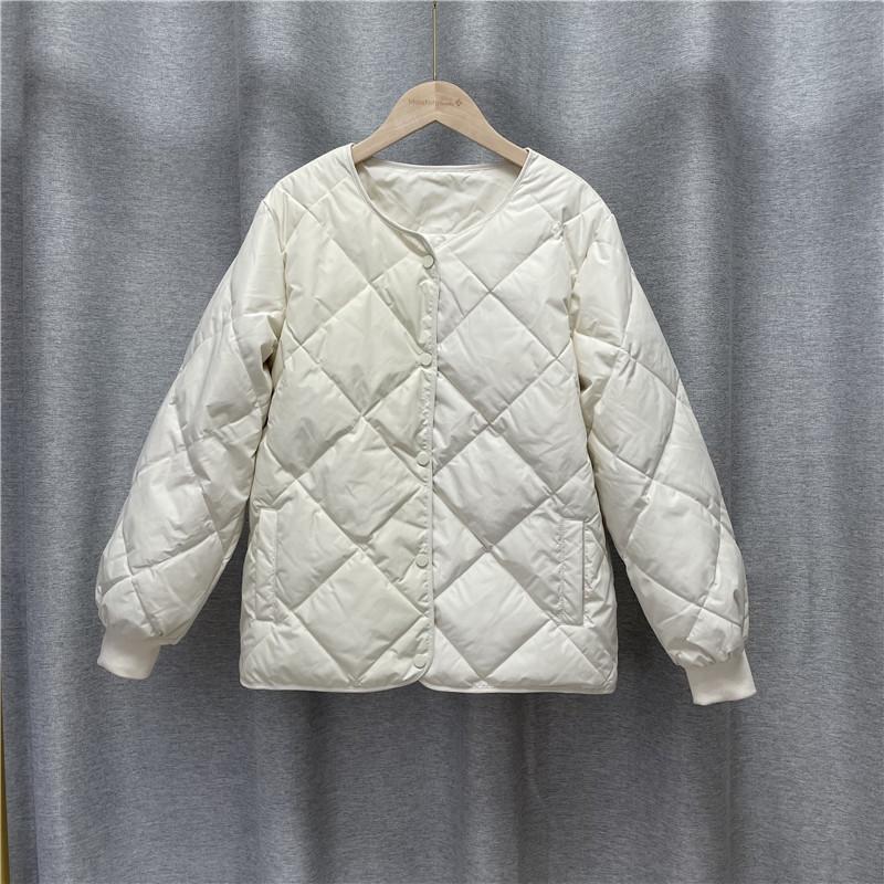 Women Fall Winter White Duck Down Jacket Coat Padded O-Neck Single-breasted Full Sleeve Pocket Lingge Thin Solid Color