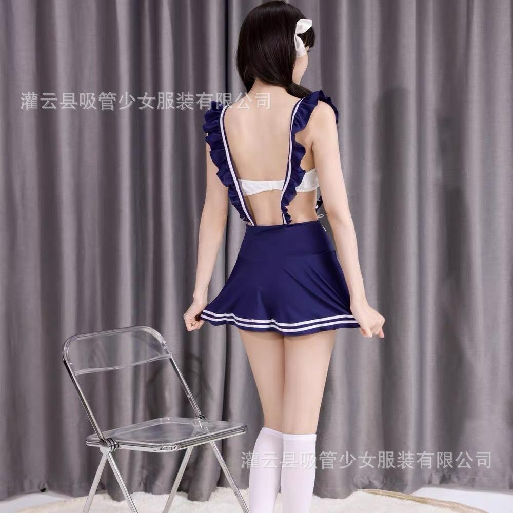 Сексуальное нижнее белье в студенческом стиле, комплект из топа-трубы на бретелях и плиссированной юбки с вырезами, чистая студенческая одежда