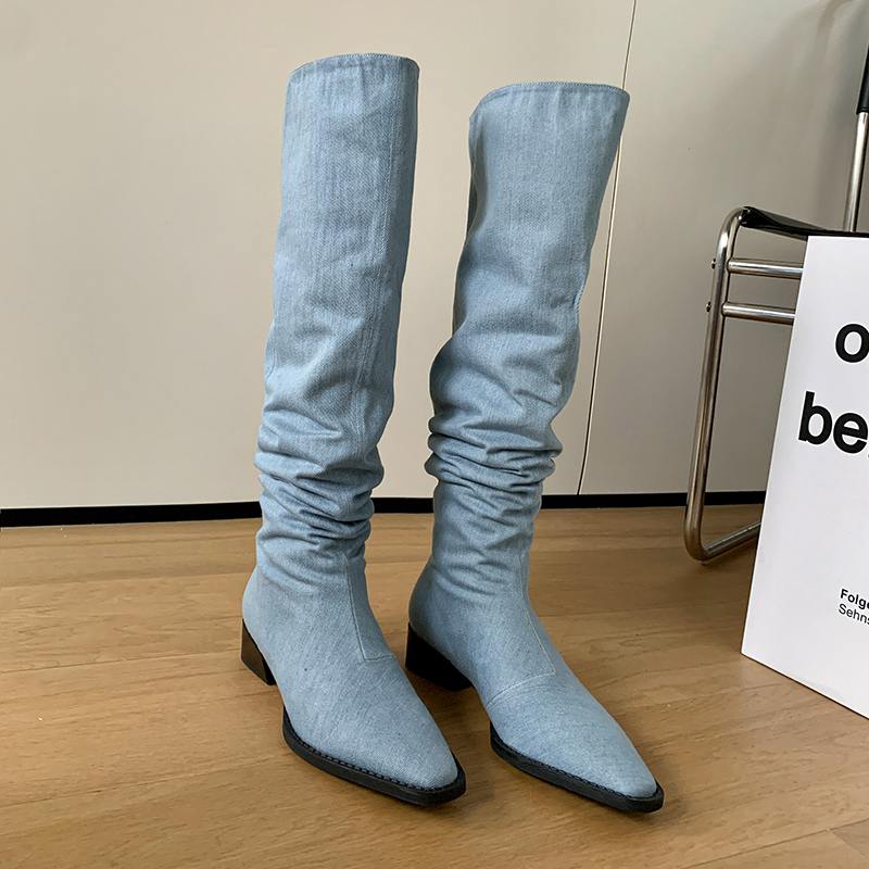 Krazing Pot Джинсовая осенне-зимняя обувь, круглый носок, толстый средний каблук, без шнуровки, плиссированные сапоги в стиле вестерн, женские сапоги до бедра