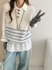 Корейский вязаный жилет в ретро-полоску 2025 с пуговицами-рожками - Женский свитер без рукавов с круглым вырезом