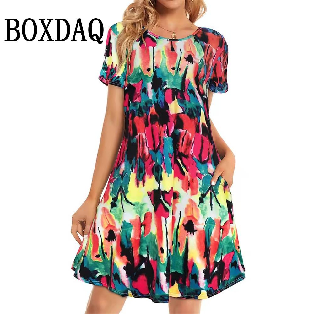 Винтажное платье с цветочным принтом и круглым вырезом, женское винтажное платье с коротким рукавом, летнее платье А-силуэта, элегантное вечернее платье, повседневное свободное платье в стиле бохо