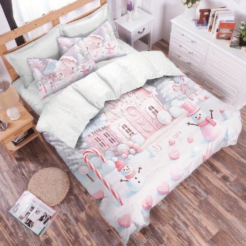 3Pcs Christmas Print Quilt Set Gingerbread House Pink Snowman Winter Bedding Soft Cozy Bedclothes Sweet Bedroom Decoration
