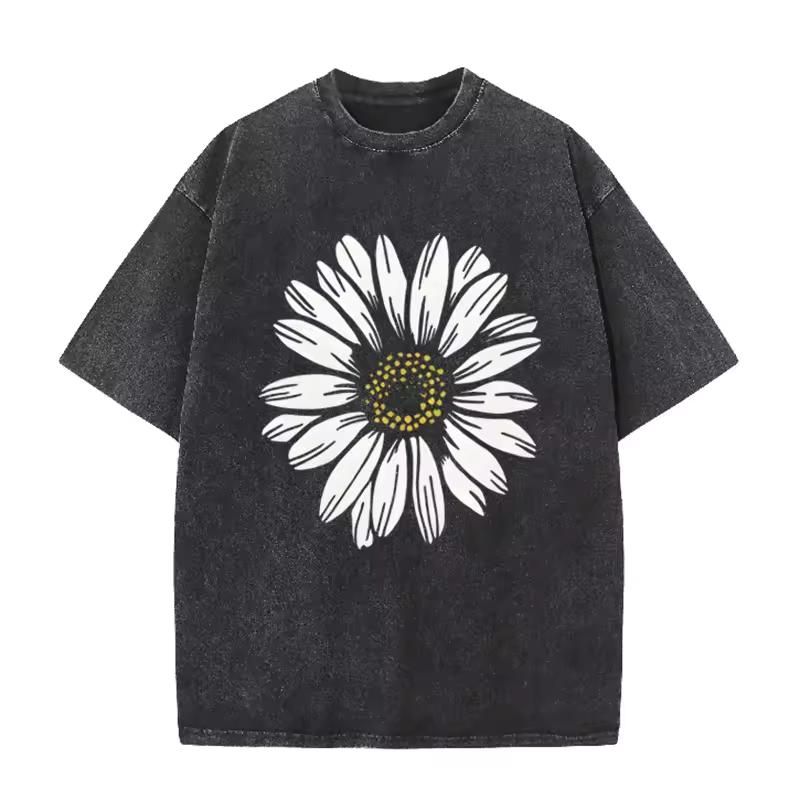 Daisy Flower Graphic T‑Shirt Men Women Casual Loose Short Sleeve Tee Floral Vintage Aesthetic Washed Streetwear Unisex Tops