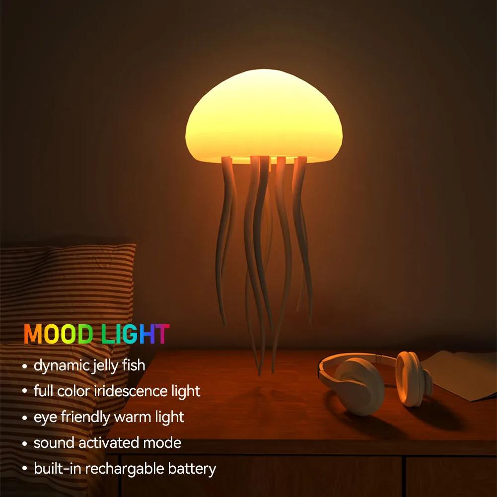 Jellyfish Cartoon LED Nihgt Light Voice Control Gradient Cute Rotating Jellyfish Hanging Bedside Lamp RGB Table Lamps Room Decor