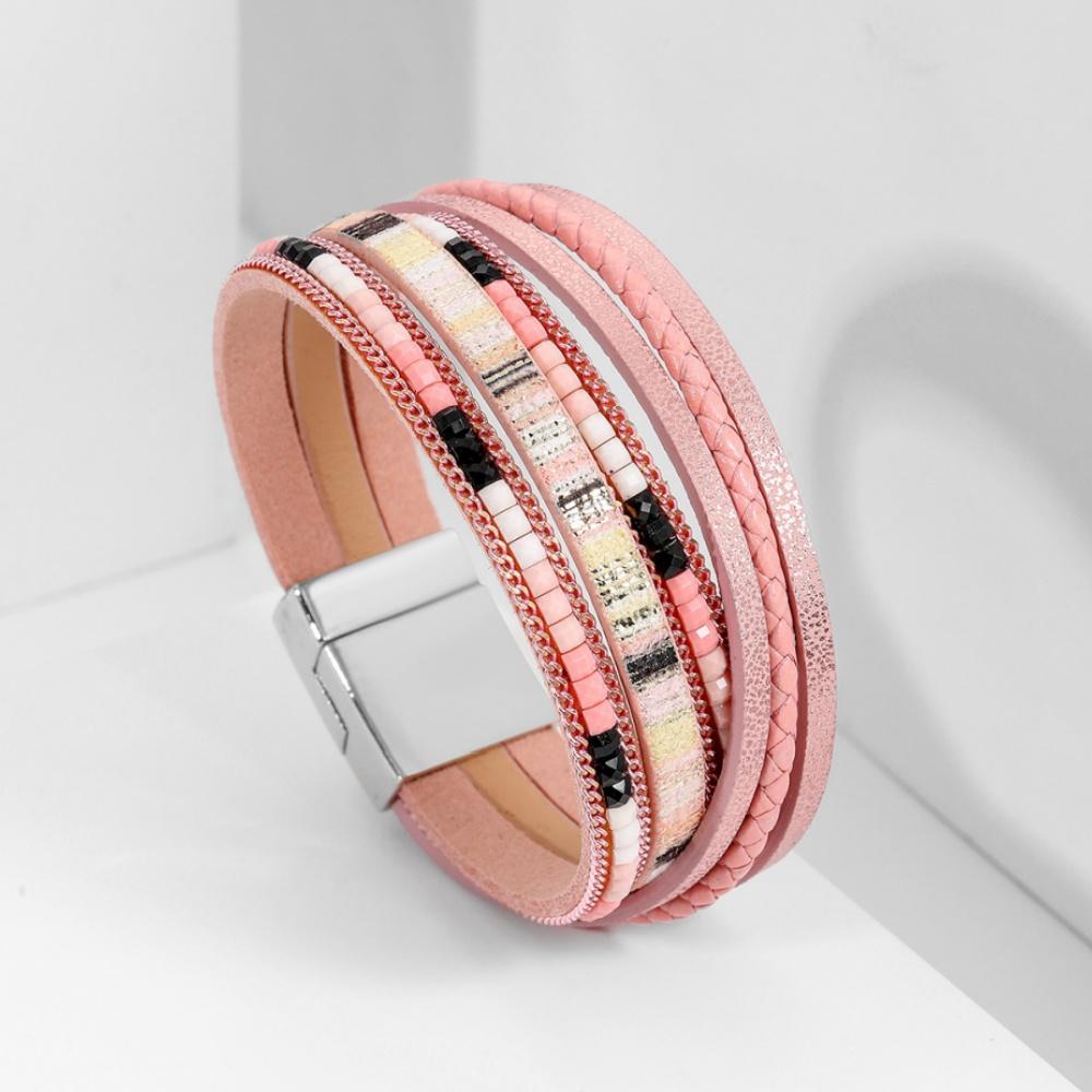 Женский браслет в стиле бохо с рисовыми бусинами, кожаный многослойный кожаный плетеный браслет ручной работы