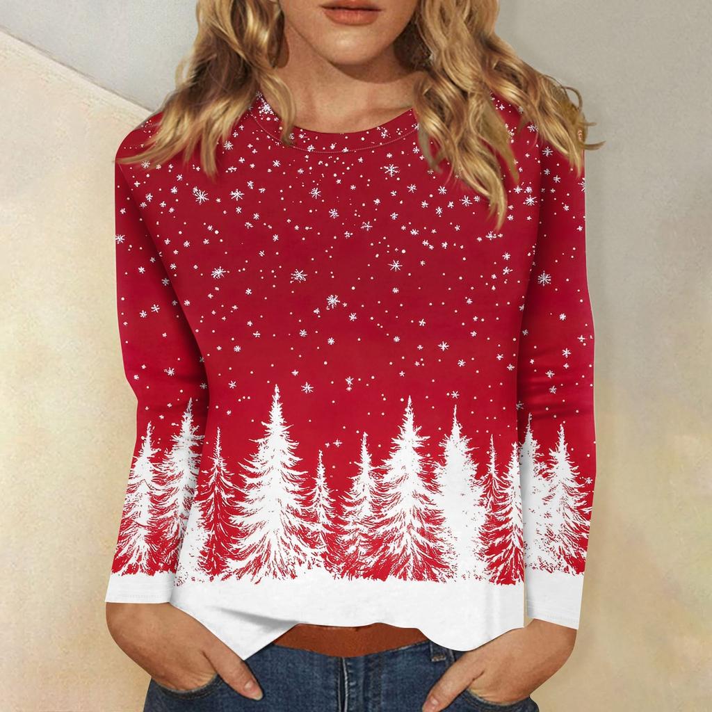 Женская мода повседневный рождественский принт круглый вырез длинный рукав пуловер топ