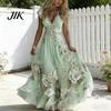 A-line Silhouette Dress Summer Floral Maxi for Women Short Sleeve V Elegant Printed Neck Swing Beach Vacation Sundress Lightweight