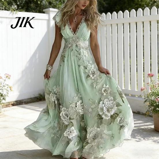 A-line Silhouette Dress Summer Floral Maxi for Women Short Sleeve V Elegant Printed Neck Swing Beach Vacation Sundress Lightweight