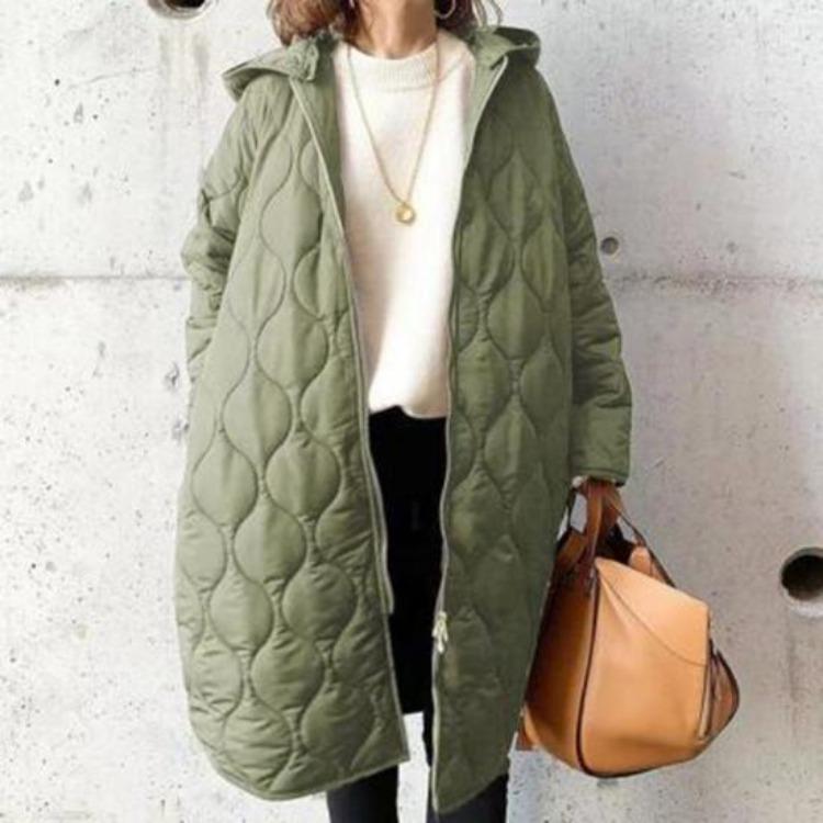 Women's Down Coats - Winter Women Jacket Hooded Mid Length Coat Loose Rhombus Texture Thin Padded Zip Up Long Sleeves For Work School Daily Fall