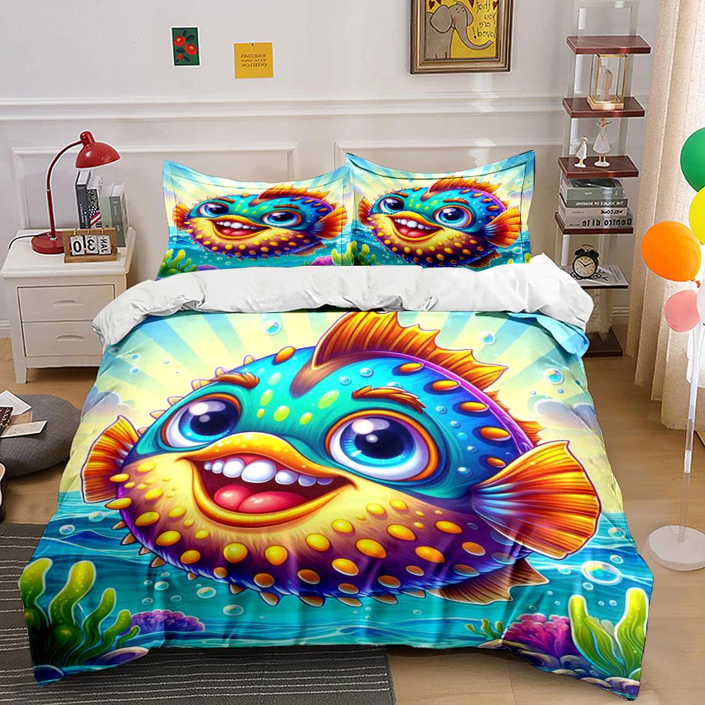 Smiling pufferfish with coral. Bedding sets Duvet cover sets Duvet covers Pillowcases(1*Duvet Cover 2*Pillowcases without duvet insert)