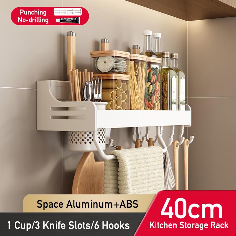 Kitchen Organizer Shelf Wall Mounted Spice Rack Seasoning Holder Dishcloth Towel Rack Knife Spoon Fork Shovel Storage Shelves