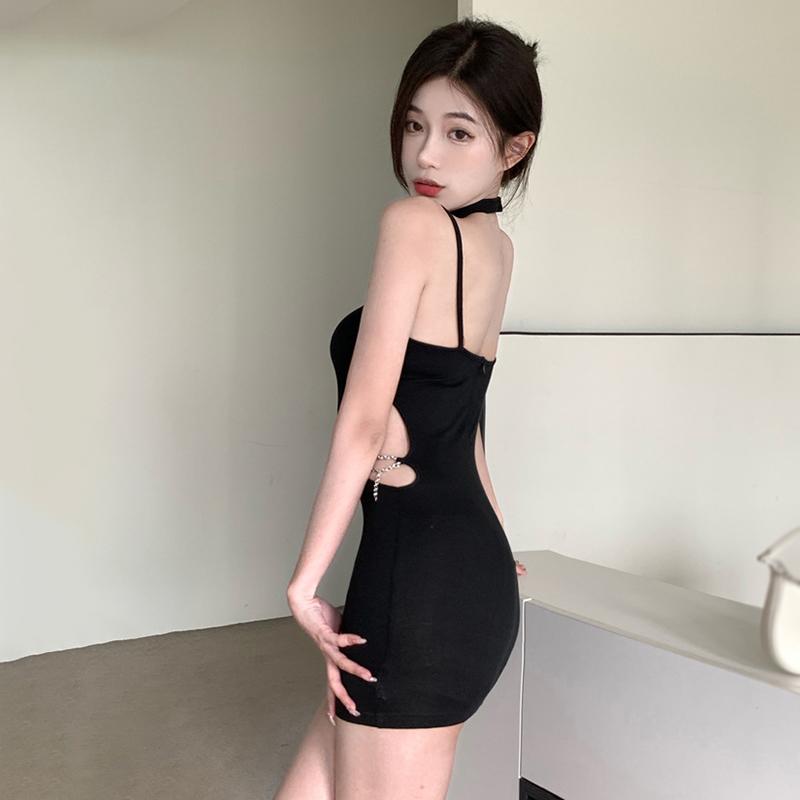Женское облегающее платье с открытой спиной и висящим вырезом на шее, мини-платье с кружевным ремешком