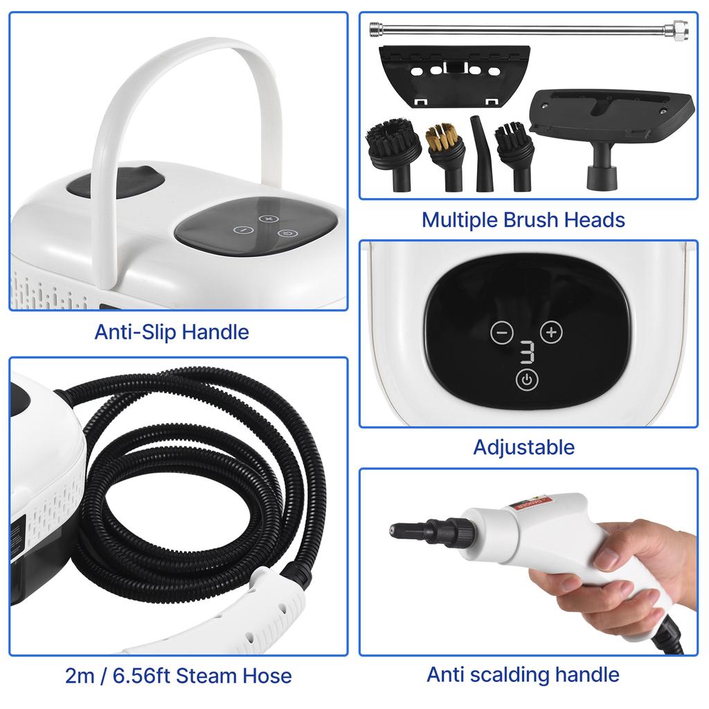 Ручной пароочиститель под давлением для глубокой очистки с 8 аксессуарами, умный сенсорный экран для одежды, стекла автомобиля, окна, кухни