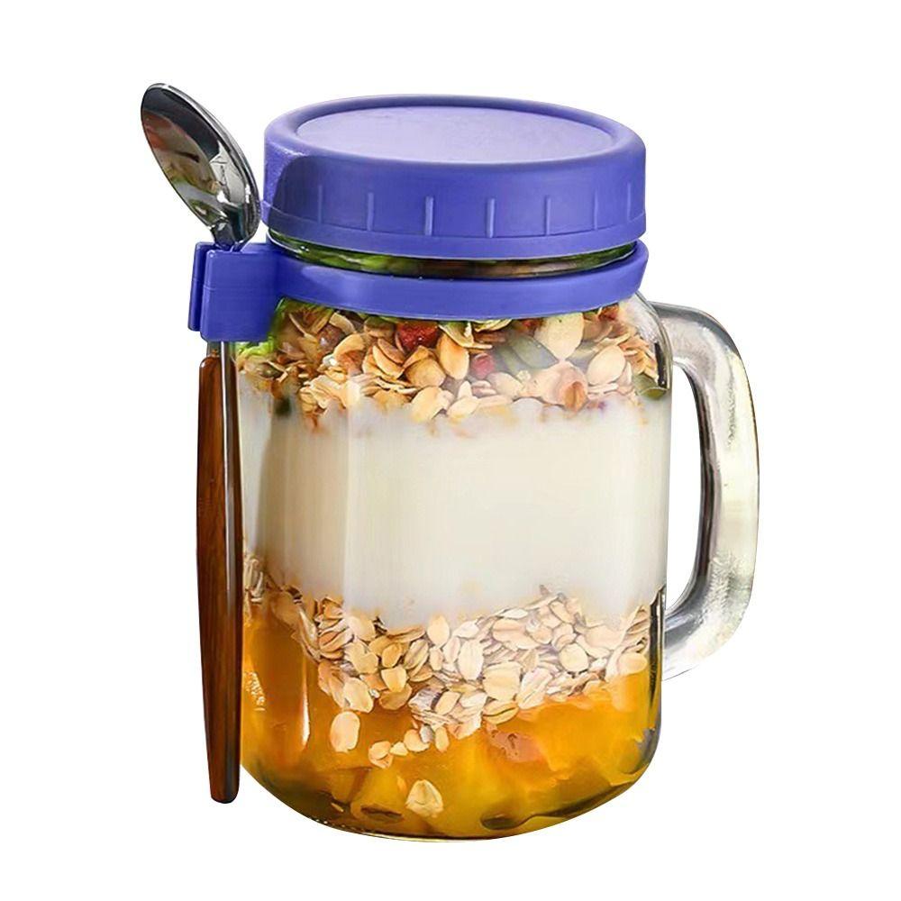 with Lids Spoons & Handle Yogurt Pot Glass Breakfast Jar Oats Container Overnight Oats Jars