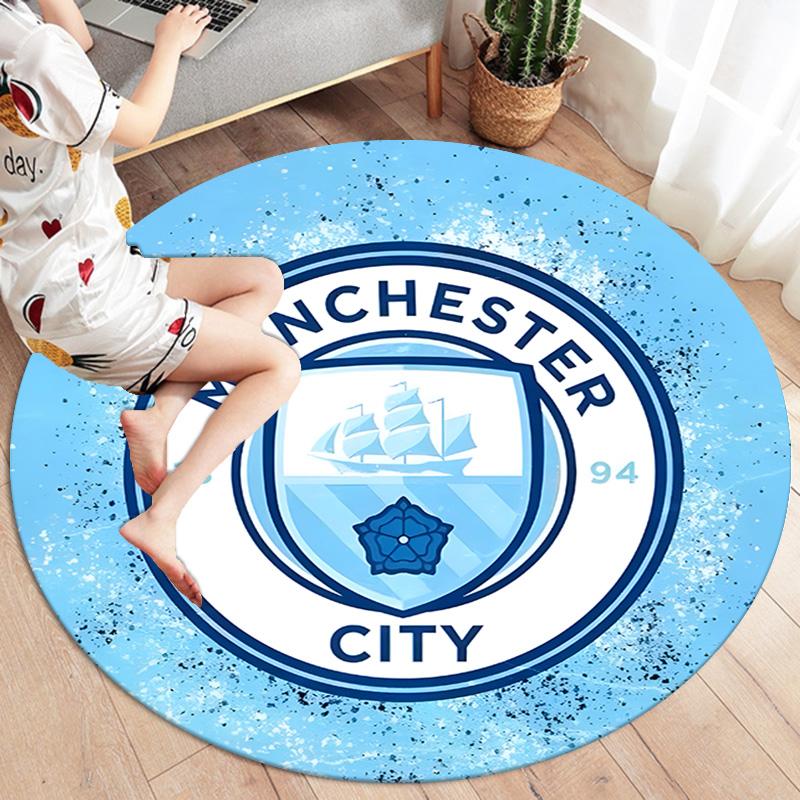 1Pc Manchester City Crest Print Round Rug Nonslip Floor Mat For Living Room Bedroom Bathroom Holiday Home Decoration