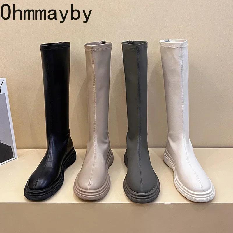 Fashion Winter Cotton Women's High Boots Fashion Soft Leather Back Zippers Long Botas Ladies Comfort Short Plush Knee High Booties