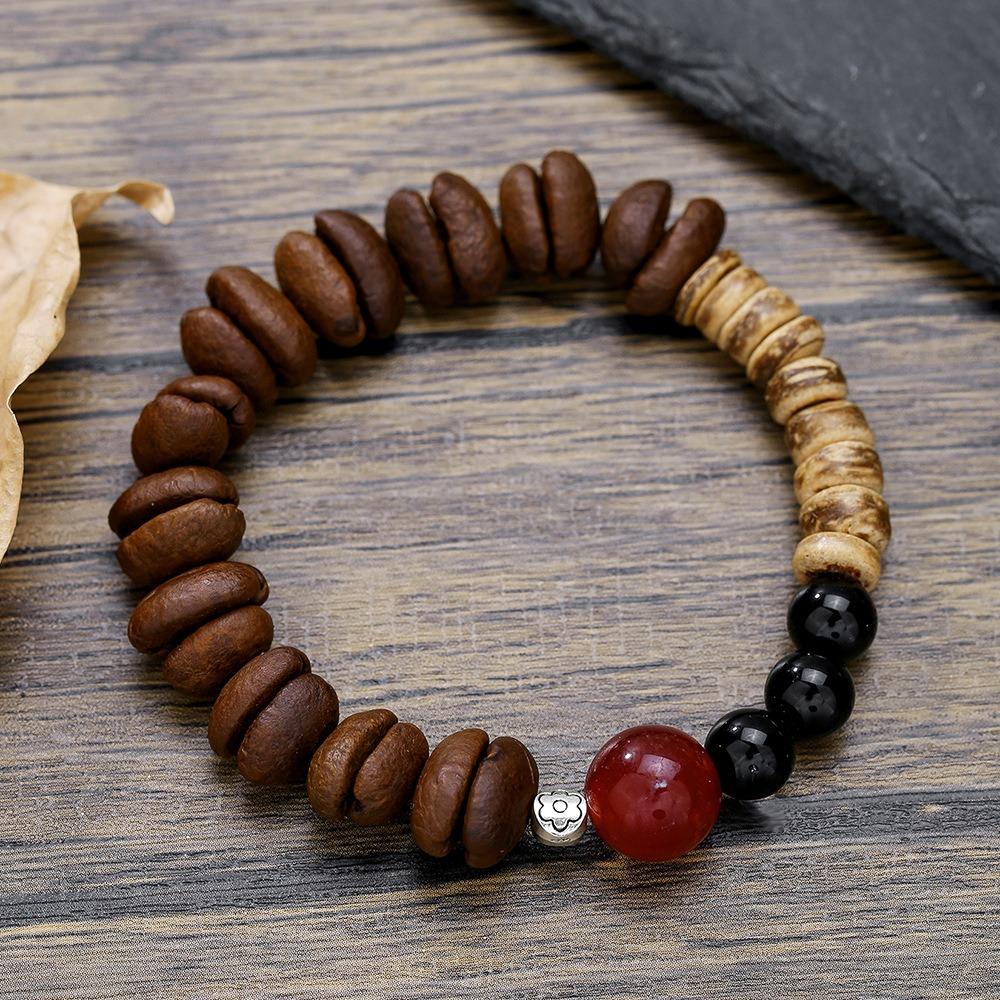Handmade Natural Real Coffee Bean Bracelet Elastic Sandalwood Coconut Chip Wood Splicing Woven Jewelry Bracelet for Women