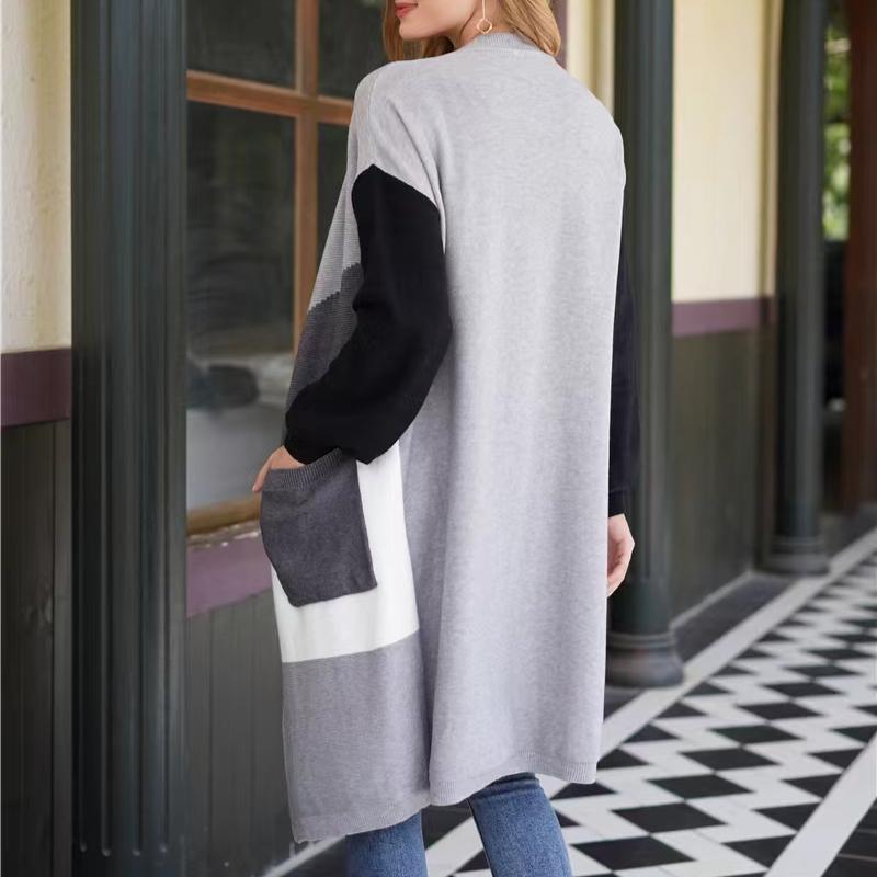 IHUASU Women's Autumn and Winter Models Commuter Large Size Splicing Striped Knitted Cardigan Long Loose Jumper