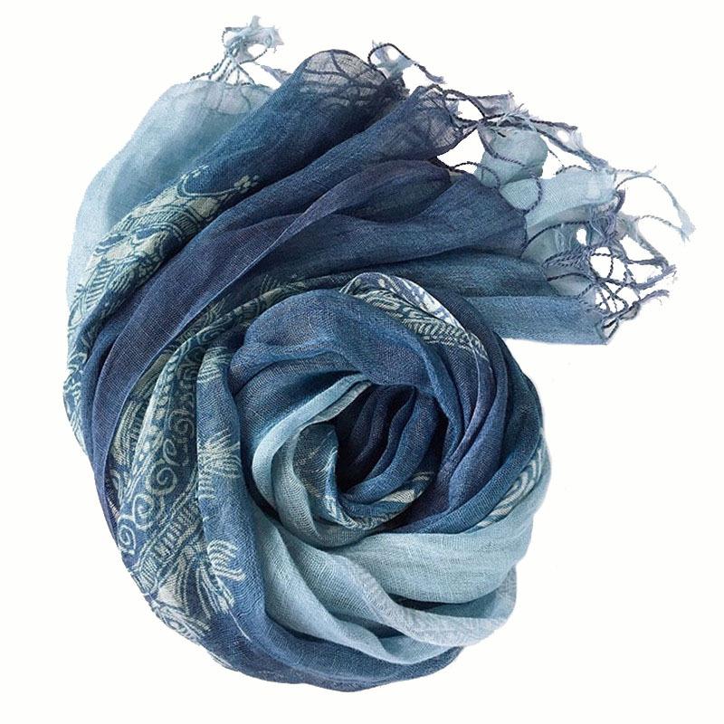 Linen Tie-Dye Scarf Gradual Change Imitation Blue Dye Batik Scarf Women'S Style Shawl Fringed Warm Silk Scarf