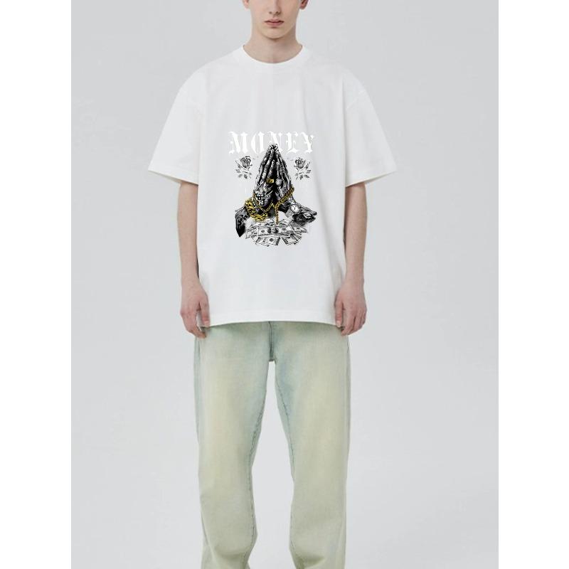 Black T-Shirt Money Praying Hands with Gold Chain and Dollar Bills Graphic for Streetwear Fashion
