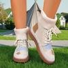 Beige & Blue Plaid Chunky Low Heel Lace-Up Ankle To Mid-Calf Booties - Round Toe Casual Winter with Sole & Fabric Upper