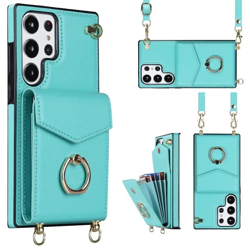 Ring Stand Card Holder Crossbody Case For Samsung Galaxy S21 S23 FE S25 S24 S22 Plus S26 Ultra A57 A37 A55 A53 A16 Leather Cover