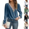 Women's Casual Fashion Solid Color Lace Long Sleeve V-neck Top