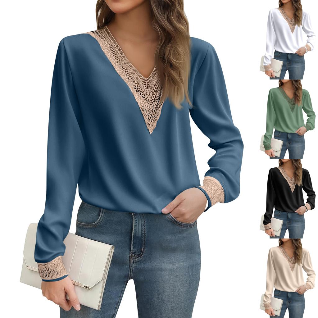 Women's Casual Fashion Solid Color Lace Long Sleeve V-neck Top