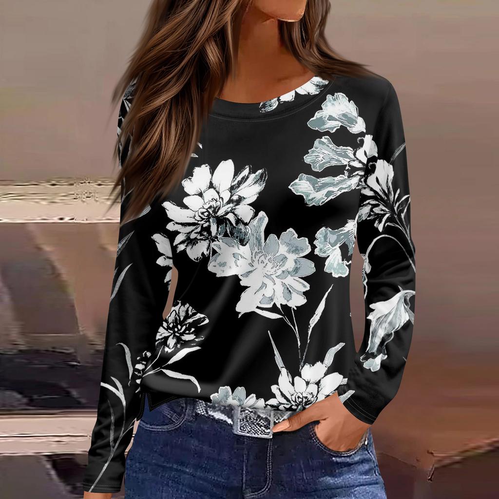 Women's Fashion Casual Slit Hem Round Neck Long Sleeve Loose Printed T-Shirt Ladies Top