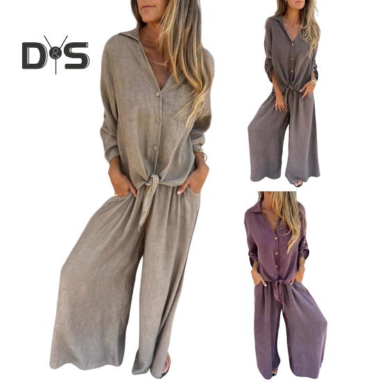 Women's Cotton-Linen Two Piece Outfit Long Sleeve Lapel Button Down Top Matching Wide Leg Pants Casual Loungewear Set