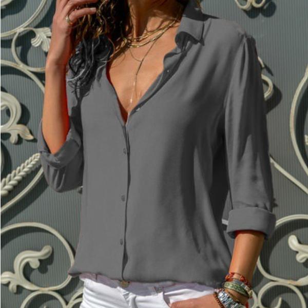 Spring Autumn Women Solid Color Button Up Chiffon Blouse Casual Long Sleeve Plus Size Tops