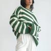Autumn and Winter Loose One Collar Striped Long Sleeved Knitted Pullover Sweater Casual Sweater for Women 3610 EMA