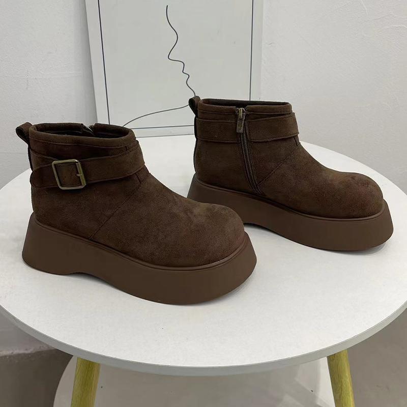 Женские зимние ботильоны на платформе, замшевые короткие, плюшевые, на среднем каблуке, хлопковые туфли, тренд 2025 года, теплые, удобные, с пряжкой, зимние дизайнерские ботинки Mujer