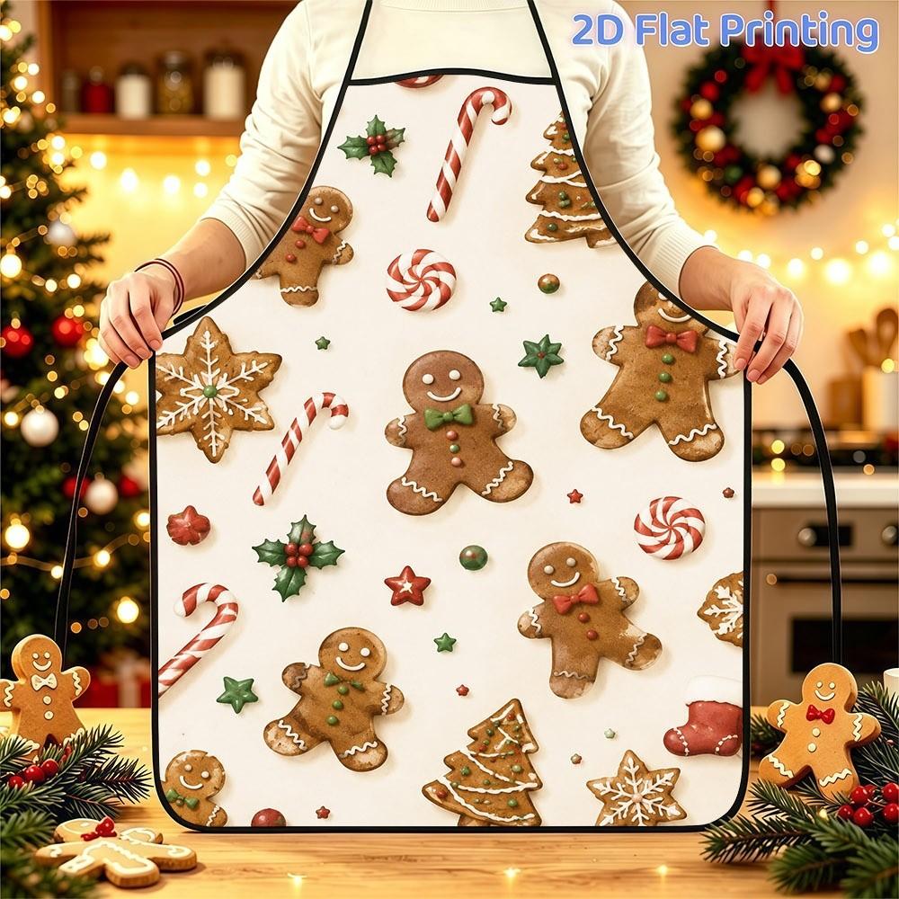 1pc Christmas Gingerbread Theme 2D Printed Sleeveless Apron with Adjustable Waistband, Polyester Material, Size 52Cm X 73Cm / 20.47In X 28.74In, Suita