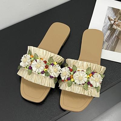 Модные дизайнерские шлепанцы Liyke Женские плоские шлепанцы Уличные модные шлепанцы с бусинами и листовым декором Квадратный открытый носок Пляжная обувь для вечеринок Сандалии
