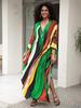 EDOLYNSA Boho Women's Plus Size Kaftan Beach Maxi Dress Summer Striped Print Beachwear Swimsuit Cover Up V-neck Loose House Dresses Q1628