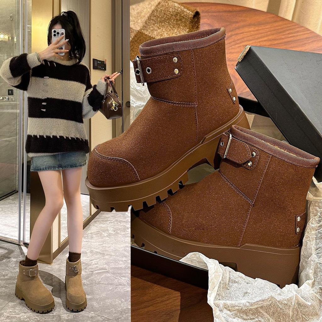 Модные зимние ботинки с пряжкой на ремне, женские, 2024, новые, ретро, теплые, бархатные, короткие, удобные, повседневные ботинки на платформе, прилив