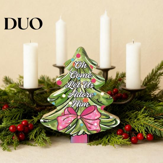 Christmas Desk Centerpiece Colorful Tree Tabletop Decor, Wooden Plaid Patterned Xmas Signs with Holiday Table Ornament Merry Greetings, Farmhouse