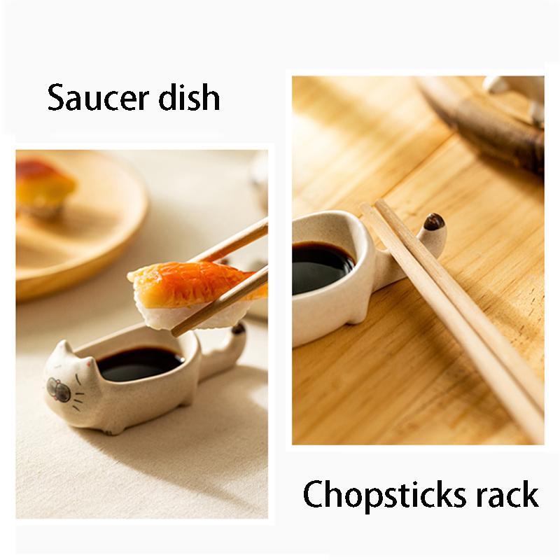 YWDL Мини-мультяшная тарелка для соуса с котом, керамическая тарелка для кетчупа, соевого уксуса, кухонный нож, вилка и палочки для еды, подставка для украшения стола