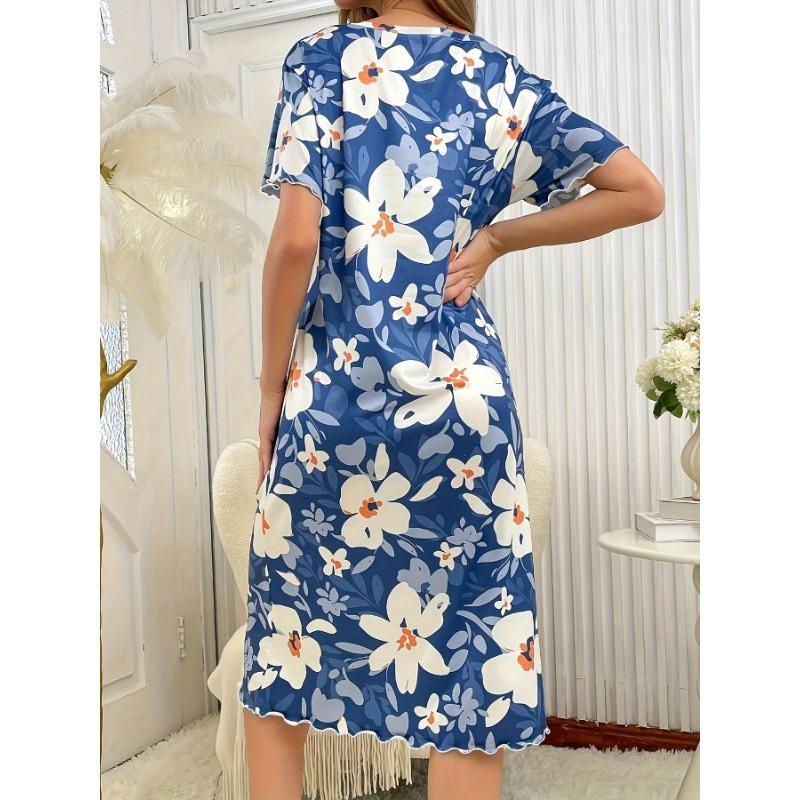 Большой размер, круглый вырез, короткий рукав, синий цвет с цветами абрикоса, домашняя одежда, ночная рубашка, платье, повседневный стиль, женская одежда с принтом