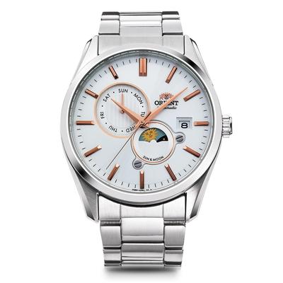 Orient Часы Sun and Moon Automatic, механические, автоматические, отечественные, гарантия, современные, белые, серебристые SUN&MOON, производитель RN-AK0301S, мужские