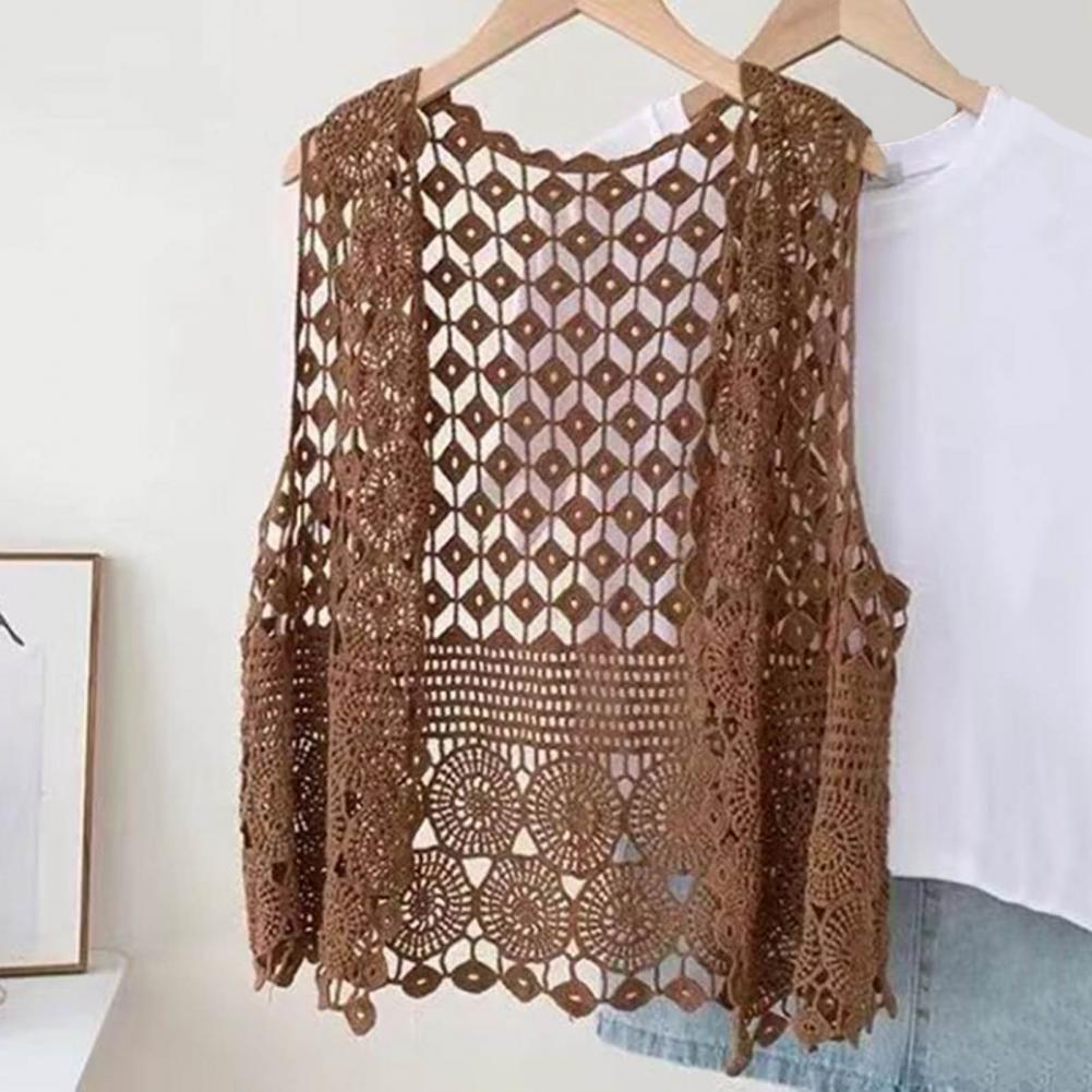 Women Vest Stylish Women's Crochet Sleeveless Cardigan Lightweight Open Stitch Summer Vest Retro Knitted Outwear Coat for Daily