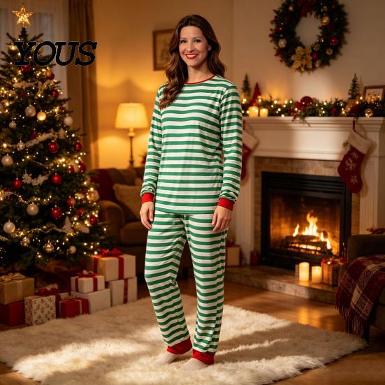 Теплый ветрозащитный домашний костюм, Комплект matching family pajamas, Зелено-белый полосатый рождественский комплект из 2 предметов, Милые пижамы для мужчин и женщин, Праздничные Pjs