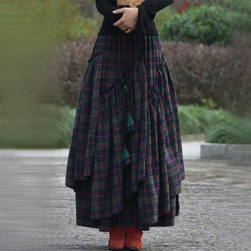 Retro Folk Style Women Fashion Plaid Maxi Skirt Splice Irregular Swing Pleated High Waist Long Skirt