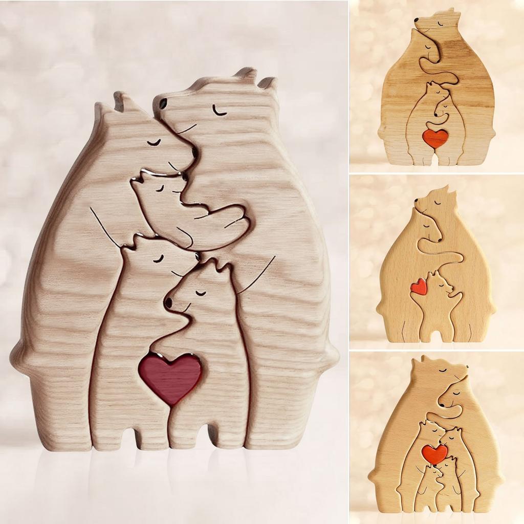 Wooden Bears Family Art Puzzle, Wooden Family Sculptures Hand Carved Couple Animal Figurine, Wooden Sculpture, Christmas, Birthday Gifts For Family