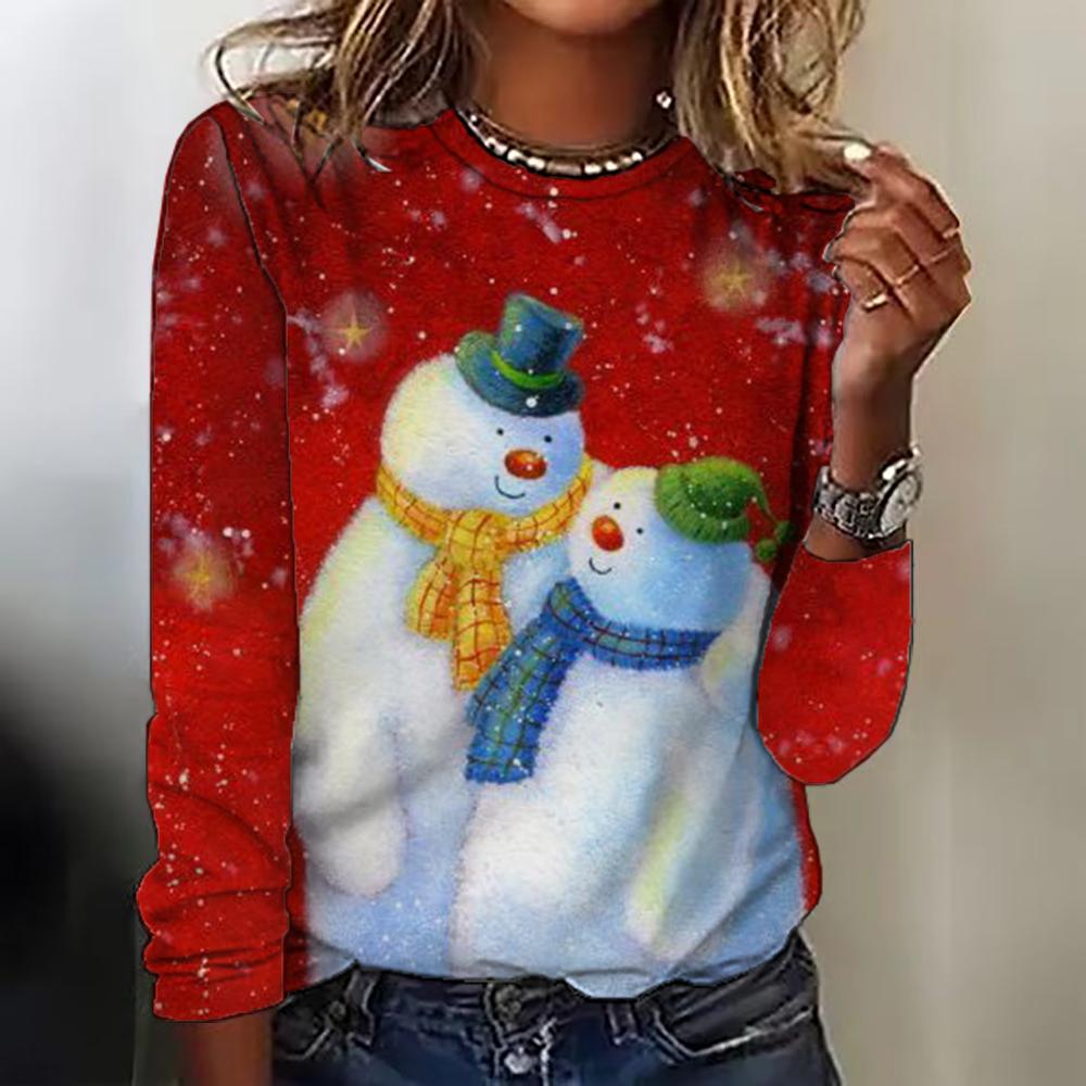 Spring and Autumn Long Sleeved Women's Top Christmas Printed Round Neck T-shirt Casual Cute Style