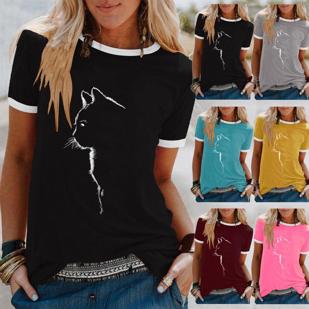 Женская летняя футболка 2024 года с принтом кошки, свободного кроя, с круглым вырезом и короткими рукавами