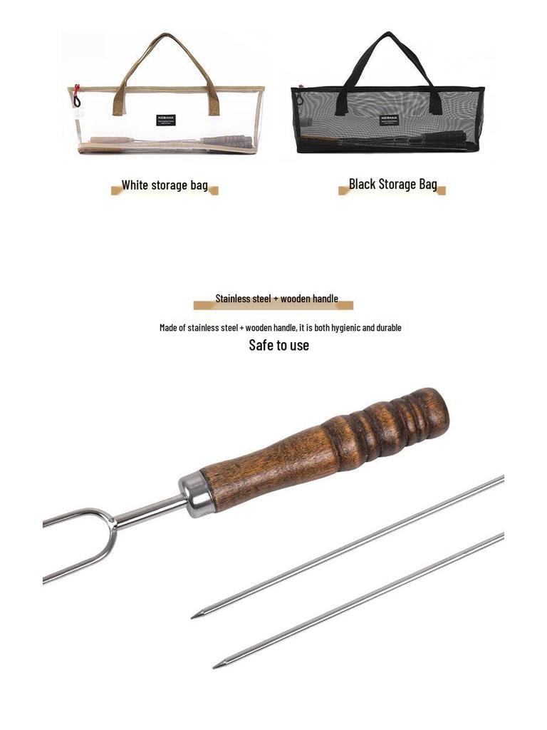 Korean Portable Outdoor BBQ Skewer Set: Stainless Steel U-Shaped Wooden Handle, 7-Piece.