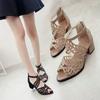Fashion 2025 Fashionable Rhinestone Fish Mouth  Women's Summer New Hollow-out Large Size Chunky Heel Midheel Back Zipper Sandals